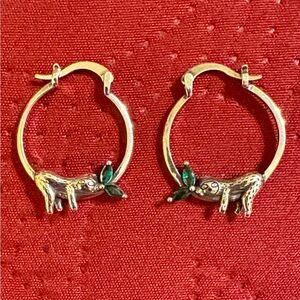 Adorable Silver Sloth and Green Crystal Hoop Earrings